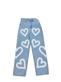 Fresh Fun Sky Blue Heart Print Jeans for Women-thumb1