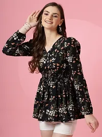 Elegant Black Crepe Floral Print Tunic Top For Women-thumb2