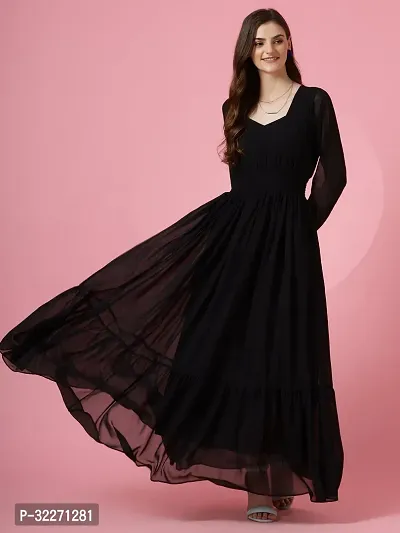 Stylish Black Georgette Solid Fit And Flare Dress For Women