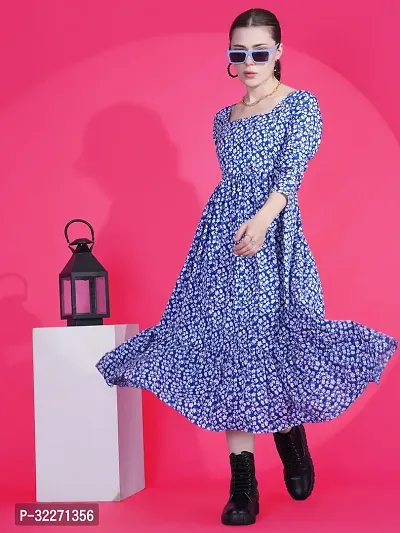 Stylish Blue Crepe Printed Fit And Flare Dress For Women-thumb0