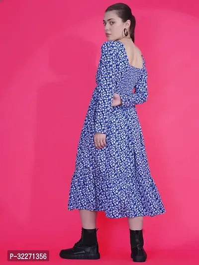 Stylish Blue Crepe Printed Fit And Flare Dress For Women-thumb3