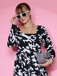 Stylish Black Crepe Printed Fit And Flare Dress For Women-thumb1