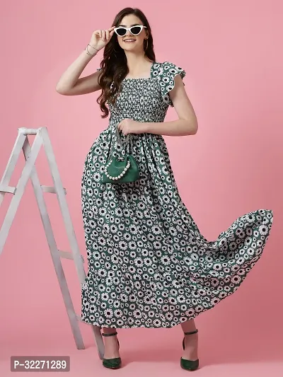 Stylish Green Crepe Printed Maxi Dress For Women-thumb0