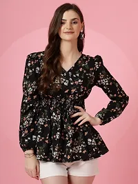 Elegant Black Crepe Floral Print Tunic Top For Women-thumb1