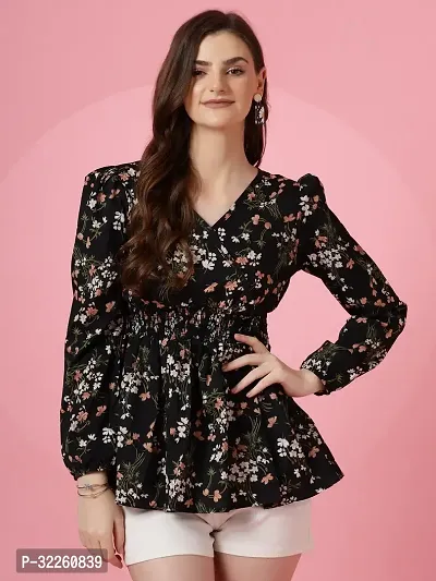 Elegant Black Crepe Floral Print Tunic Top For Women-thumb2