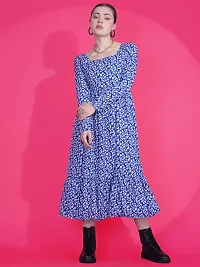 Stylish Blue Crepe Printed Fit And Flare Dress For Women-thumb3