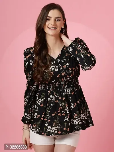 Elegant Black Crepe Floral Print Tunic Top For Women-thumb0