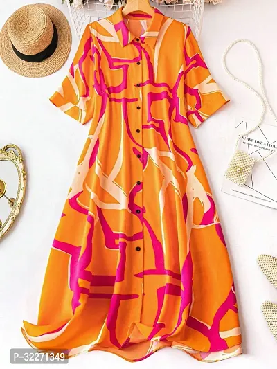 Stylish Orange Polyester Printed A-Line Dress For Women-thumb0