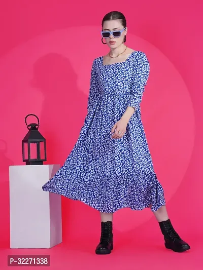 Stylish Blue Crepe Printed Fit And Flare Dress For Women-thumb2