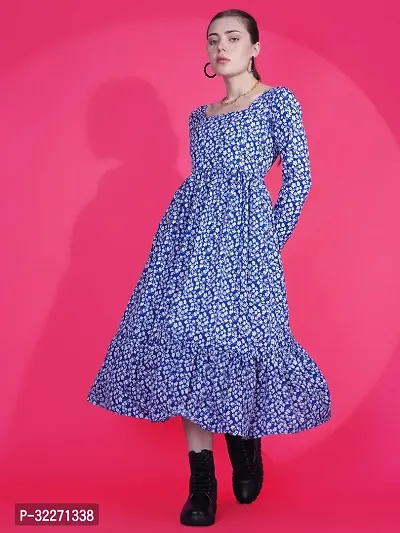 Stylish Blue Crepe Printed Fit And Flare Dress For Women-thumb5