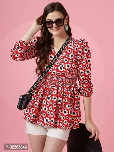 Elegant Red Crepe Floral Print Tunic Top For Women-thumb0