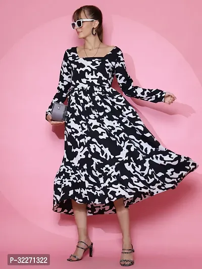 Stylish Black Crepe Printed Fit And Flare Dress For Women-thumb0