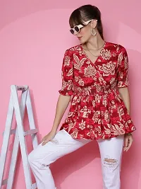 Elegant Red Crepe Printed Tunic Top For Women-thumb1