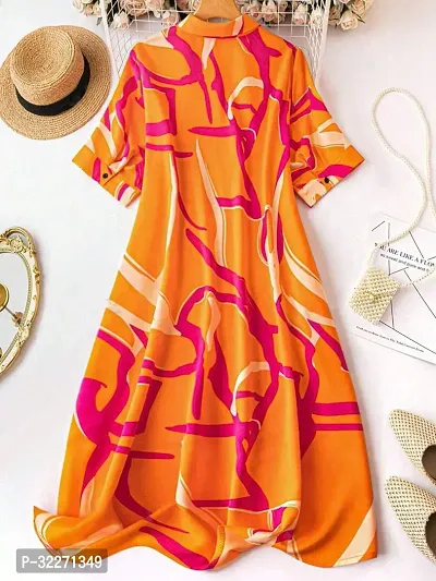 Stylish Orange Polyester Printed A-Line Dress For Women-thumb2