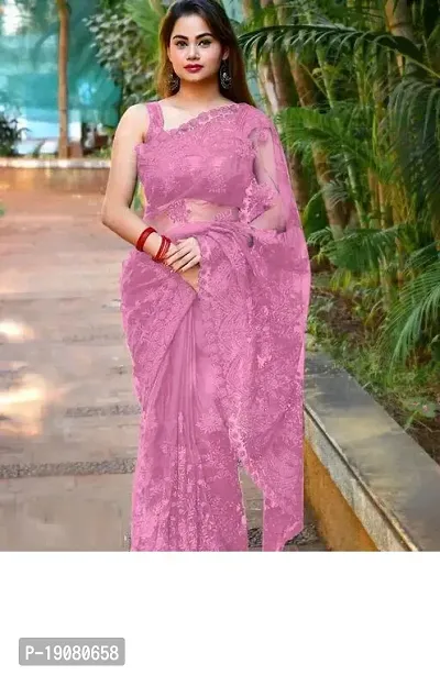 Elegant Pink Net Saree with Blouse piece