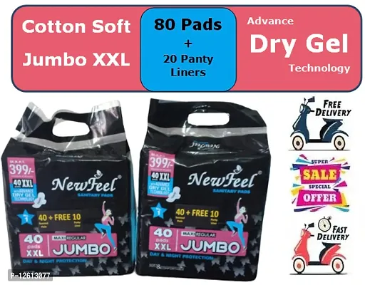 Explodge Newfeel Anti bacterial Sanitary Pads With Drynet Technology (100% leakage Proof Sanitary Napkins) (Size - 320mm | XXL) (Combo of 2 Packet) (Total 80 Pads + Free 20 Panty Liner)