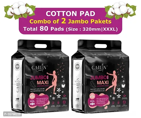 Natural Cotton Top Sheet, Large  Soft, Odour and Leakage Free Sanitary Napkins (Size - 280mm | XXXL) (2 Packet) (Total 80 Pads)