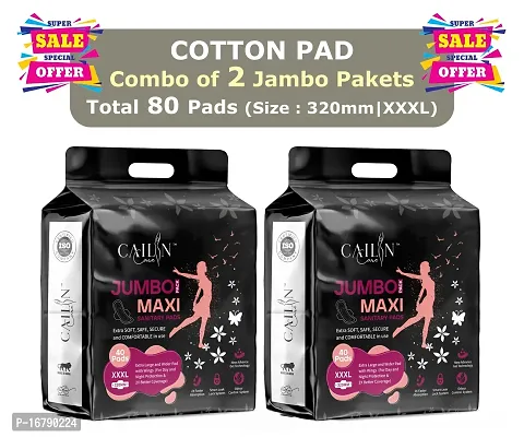 Cailin Care Cottony Sanitary Napkins (100% Natural Cotton ) Sanitary Pad (Size - 320mm | XXXL) (Combo of 2 Packet) (Total 80 Pads)-thumb0