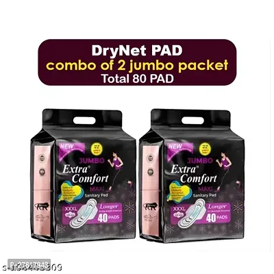 Jumbo Extra comfort DRY Net Top Sheet Pad naturally SOFT extra LONG Sanitary Pads With Wings |Odour Control Sysytem |100% Leakage Protection |Day  Night Protection | 320 MM Maxi (XXXL) 2 Jumbo Packet of 80 Extra large Pads-thumb0