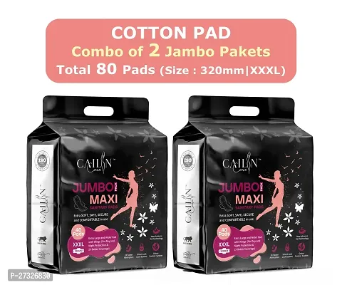 Cailin Care Naturally Soft and Comfortable Anty Bacterial Cotton Sanitary Pads (Size - 320mm | XXXL) (2 Packet) (Total 80 Pads)