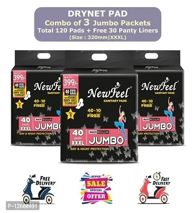 Explodge Newfeel Day  Night Heavy Flow Protection Champion Dry Top Sheet Sanitary Pads (Size - 320mm | XXXL) (Combo of 3 Packet) (Total 120 Pads + Free 30 Panty Liner)-thumb0