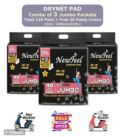 Night Heavy Flow Protection Dry Top Sheet Sanitary Pads  XXXL, Combo of 3 Packet, Total 120 Pads + Free 30 Panty Liner-thumb0