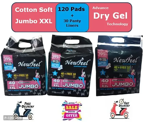 Explodge Newfeel Anti bacterial Sanitary Pads With Drynet Technology (100% leakage Proof Sanitary Napkins) (Size - 320mm | XXL) (Combo of 3 Packet) (Total 120 Pads + Free 30 Panty Liner)