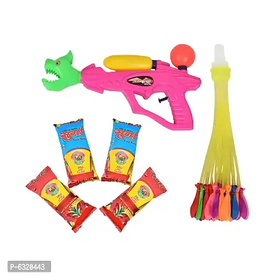 Holi Celebration Combo Pack Of 1 Pichkari 4 Gulal And Balloons Design - Color May Vary-thumb0