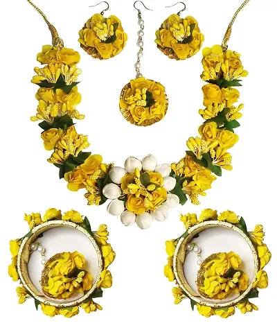 Lavennder Flower GotaPatti Handmade Flower Jewelry set for Women Necklace, Earring, Maang Tikka, Bangles and Ring Set for wedding bridal Haldi Baby Shower, Mehandi Party