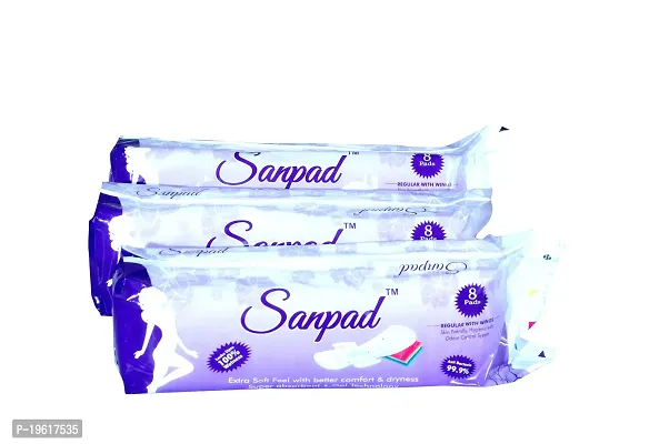 Sanpad Regular Sanitary Pads - 8 Pads, Rash Free, Anti Tan, Skin Friendly, Double Wing Shape, Advanced Leak Protection, Regular, 230mm - 10 Packs (80 Pads)