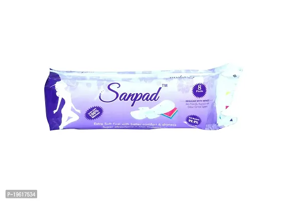Sanpad Regular Sanitary Pads - 8 Pads, Rash Free, Anti Tan, Skin Friendly, Double Wing Shape, Advanced Leak Protection, Regular, 230mm - 8 Packs (64 Pads)-thumb2