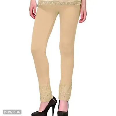 FABOO Women's Cotton Blend Skinny Fit Lace Leggings, Solid Regular Leggings with Bottom Net Design (Beige, M)