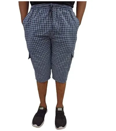 FABOO Men's Blend Regular Fit Shorts, 3/4th Checkered Capri, Casual, Running Shorts (Blue, S)