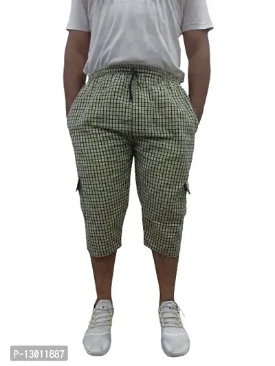 FABOO Men's Cotton Blend Regular Fit Shorts, 3/4th Checkered Capri, Casual, Running Shorts (Yellow, M)-thumb0
