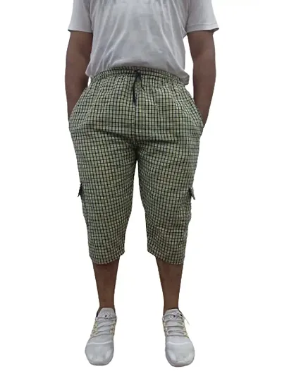 FABOO Men's Cotton Blend Regular Fit Shorts, 3/4th Checkered Capri, Casual, Running Shorts