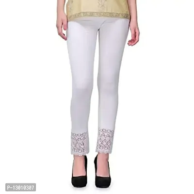 FABOO Women's Cotton Blend Skinny Fit Lace Leggings, Solid Regular Leggings with Bottom Net Design