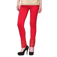 FABOO Women's Cotton Blend Lace Leggings, Solid Regular Leggings with Bottom Net Design, Skinny Fit Leggy for Casual, Yoga, Joggings, Exercise (Black, Red, L)-thumb2
