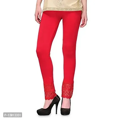 FABOO Women's Cotton Blend Lace Leggings, Solid Regular Leggings with Bottom Net Design, Skinny Fit Leggy for Casual, Yoga, Joggings, Exercise (Black, Red, L)-thumb3