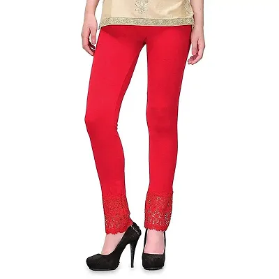 FABOO Women's Cotton Blend Skinny Fit Lace Leggings, Solid Regular Leggings with Bottom Net Design (Red, L)