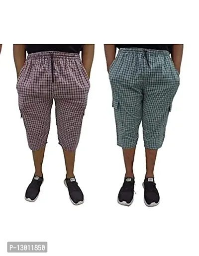 FABOO Men's Cotton Blend Regular Fit Shorts, 3/4th Checkered Capri, Casual, Gym, Running Shorts