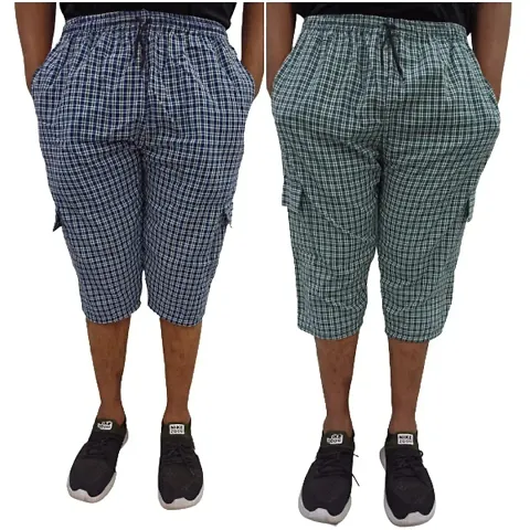 FABOO Men's Cotton Blend Regular Fit Shorts, 3/4th Checkered Capri, Casual, Gym, Running Shorts