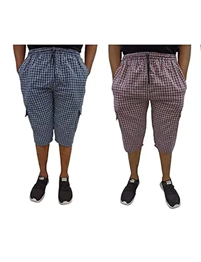 Men's Checkered 3/4 Capri, Shorts, -Blue- Pack-of -2 (M, Multicolor)