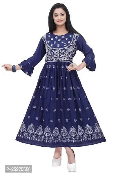 Trendy Blue Embroidered Rayon Flared Kurta