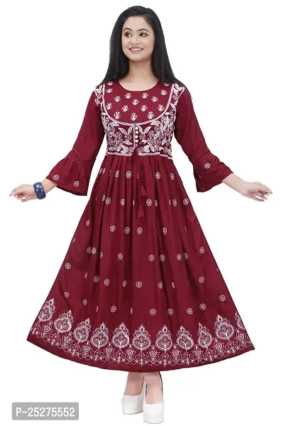 Trendy Red Embroidered Rayon Flared Kurta-thumb0