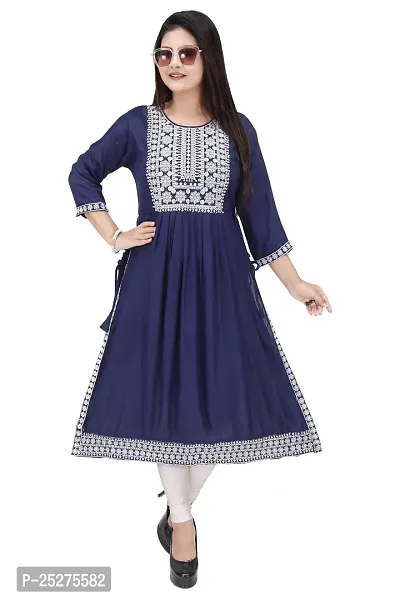 Trendy Navy Blue Embroidered Rayon Flared Kurta