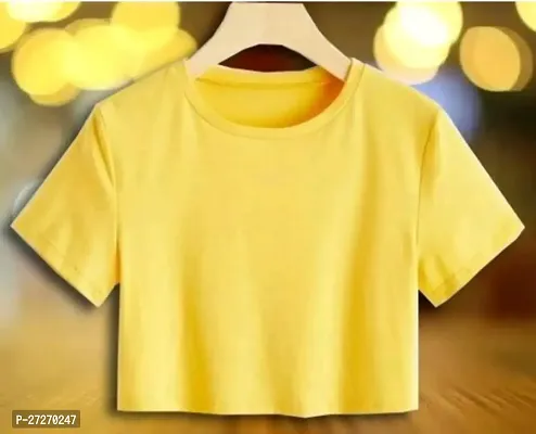 Elegant Yellow Cotton Blend Solid Crop Length Top For Women