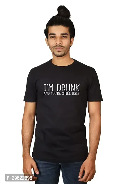 NO Cuff Round Neck Half Sleeve Cotton Printed(I'm Drunk) T Shirt for Men's  Boy's Black-thumb0