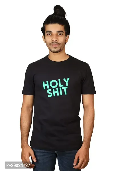 No Cuff Men's Black Color Half Sleeve Casual Regular Fit T-Shirt Crew Neck Holy Shit_S-thumb0