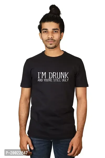 No Cuff Men's Black Color Half Sleeve Casual Regular Fit T-Shirt Crew Neck I,m Drunk_M