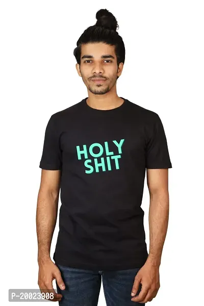 No Cuff Men's Black Color Half Sleeve Casual Regular Fit T-Shirt Crew Neck Holy Shit_L